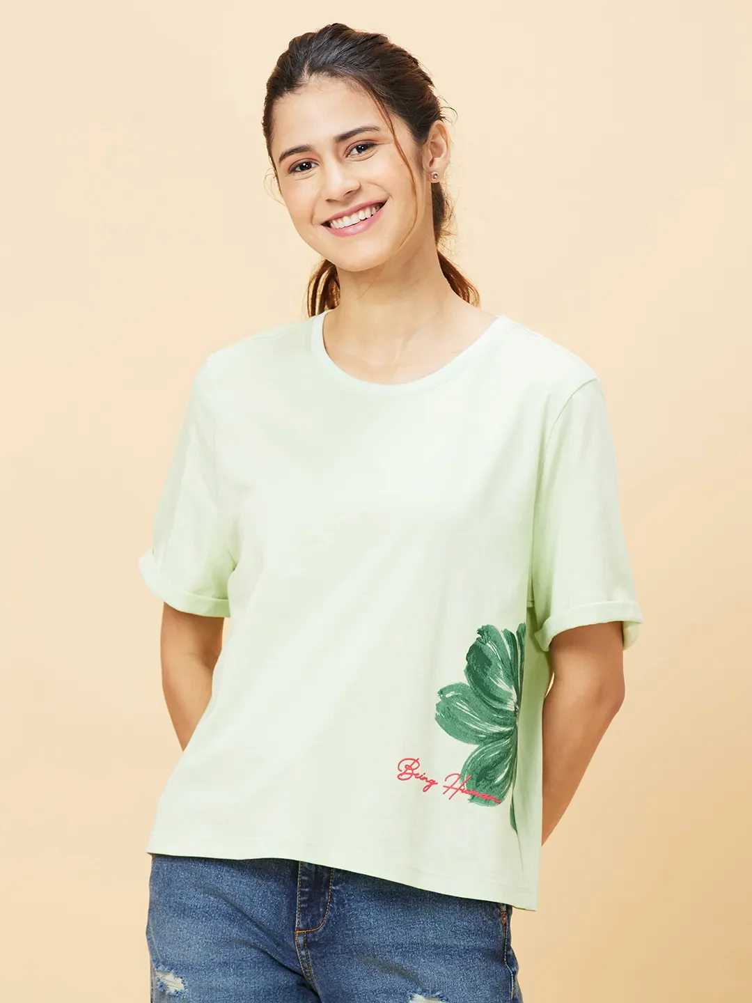 Green Boxy Fit Women's Cotton T-Shirt By Being Human Clothing