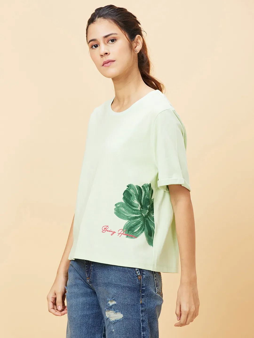 Green Boxy Fit Women's Cotton T-Shirt By Being Human Clothing - Image 3