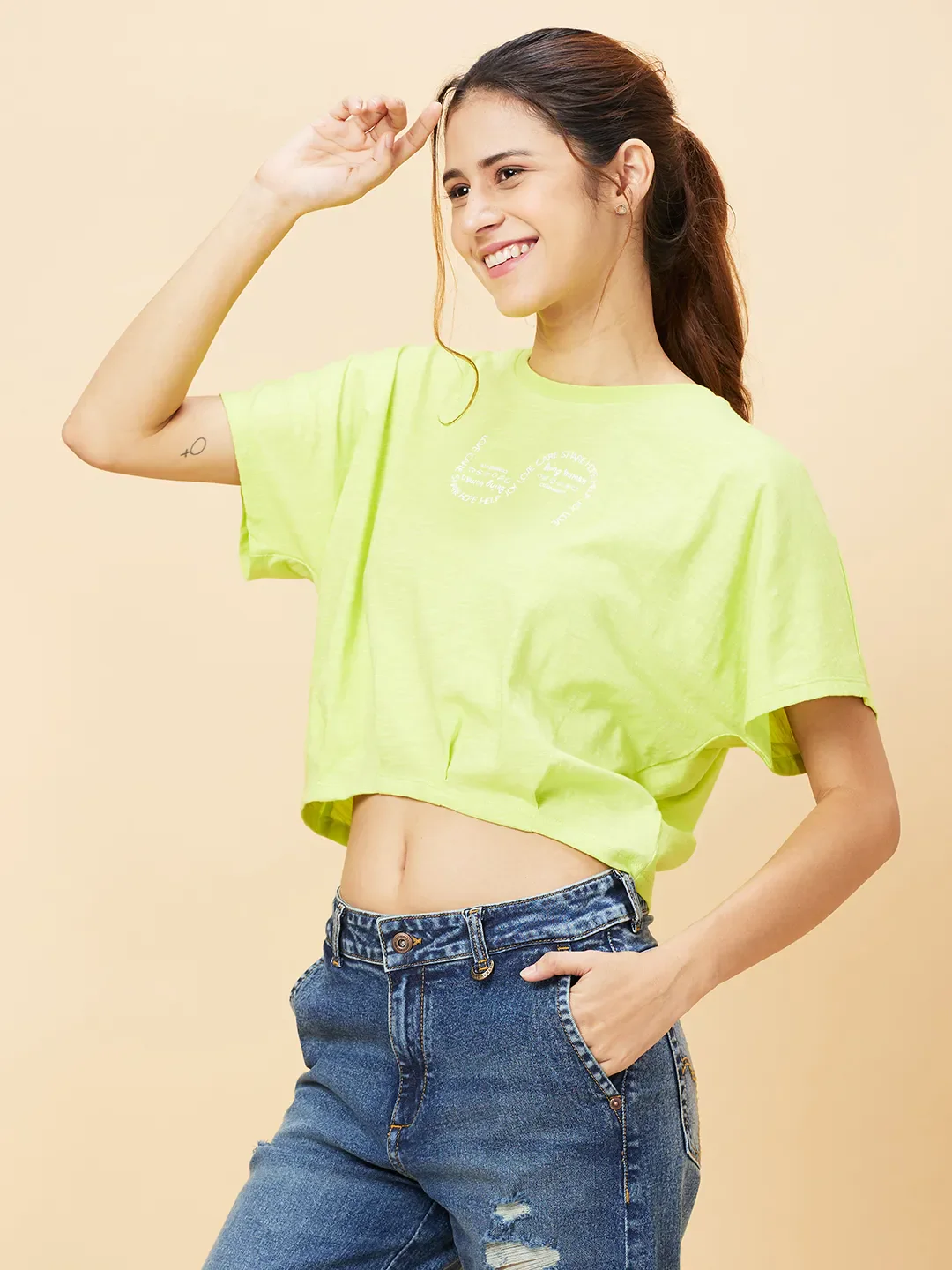 Green Relaxed Fit Women's Cotton Cropped T-Shirt By Being Human Clothing - Image 3