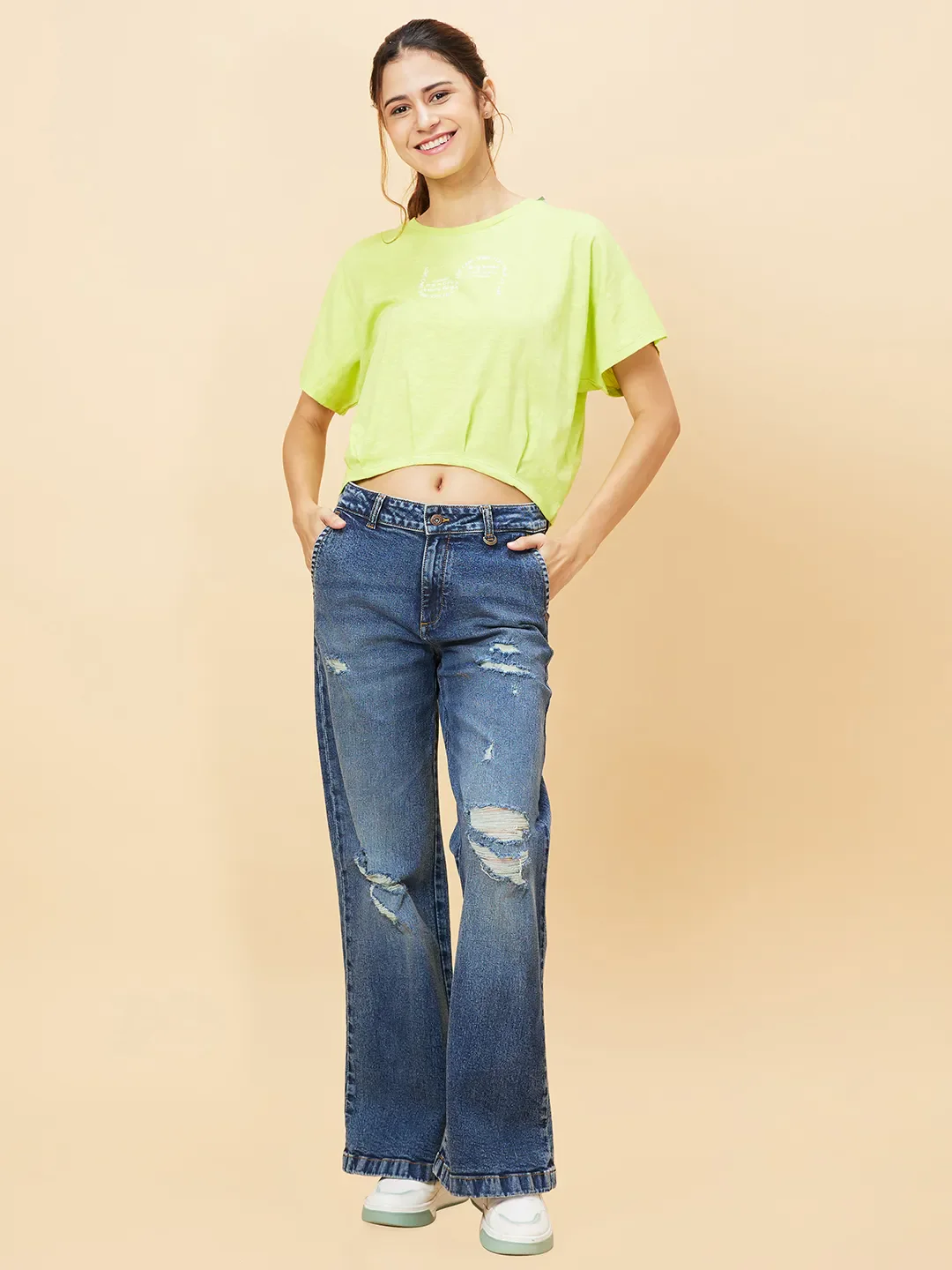 Green Relaxed Fit Women's Cotton Cropped T-Shirt By Being Human Clothing - Image 6