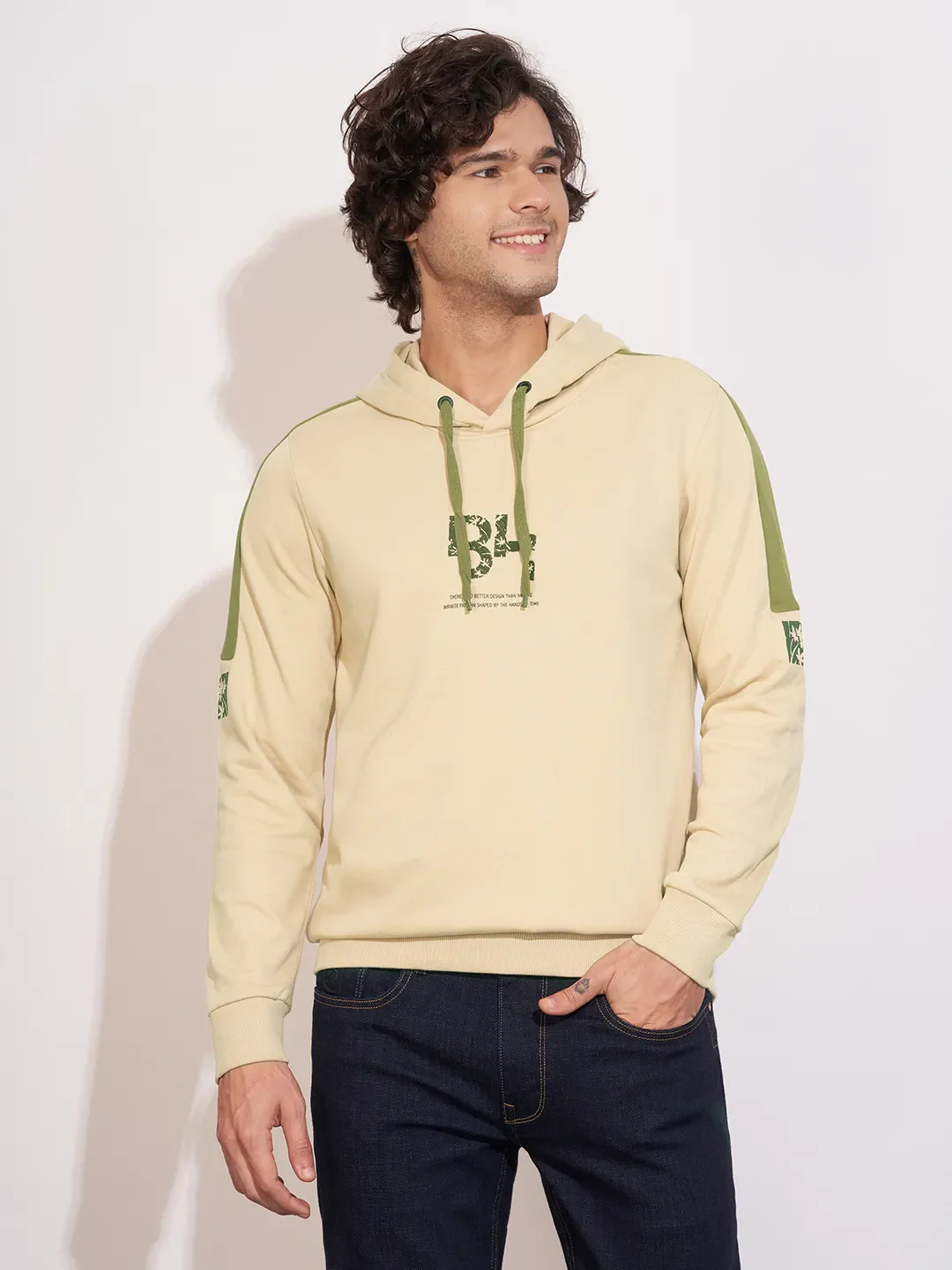 Beige Regular Fit  Long Sleeves Cotton Blend Men's Hoodie by Being Human Clothing