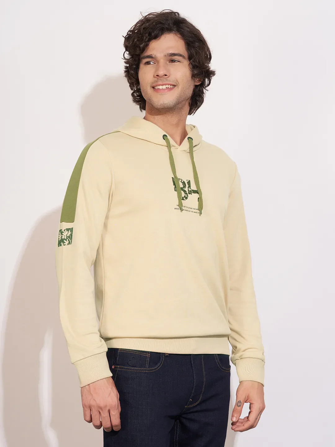 Beige Regular Fit  Long Sleeves Cotton Blend Men's Hoodie by Being Human Clothing - Image 2