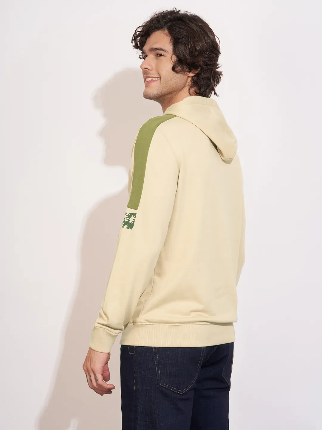 Beige Regular Fit  Long Sleeves Cotton Blend Men's Hoodie by Being Human Clothing - Image 3