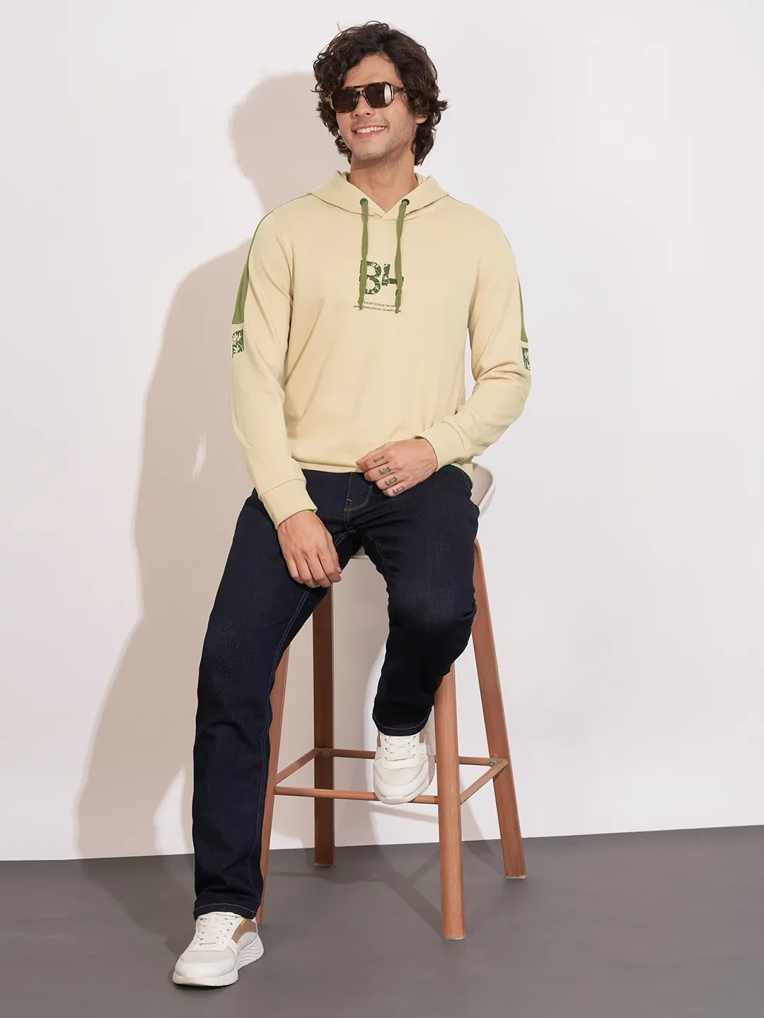 Beige Regular Fit  Long Sleeves Cotton Blend Men's Hoodie by Being Human Clothing - Image 4