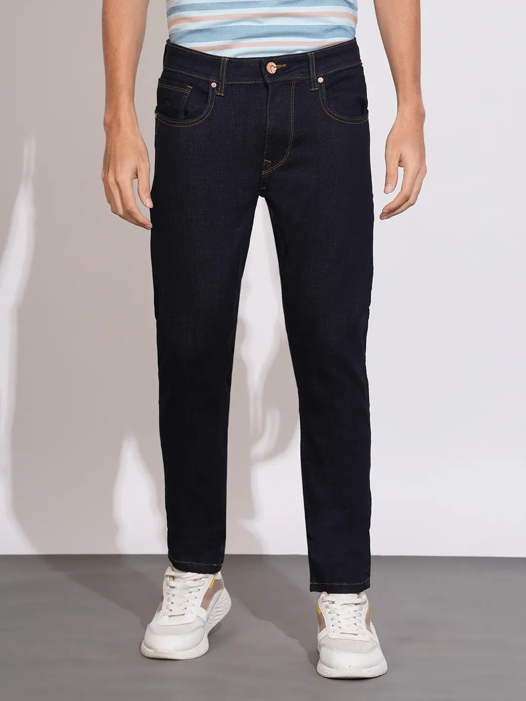 Blue Cropped Fit Cotton Blend Men's Denims by Being Human Clothing