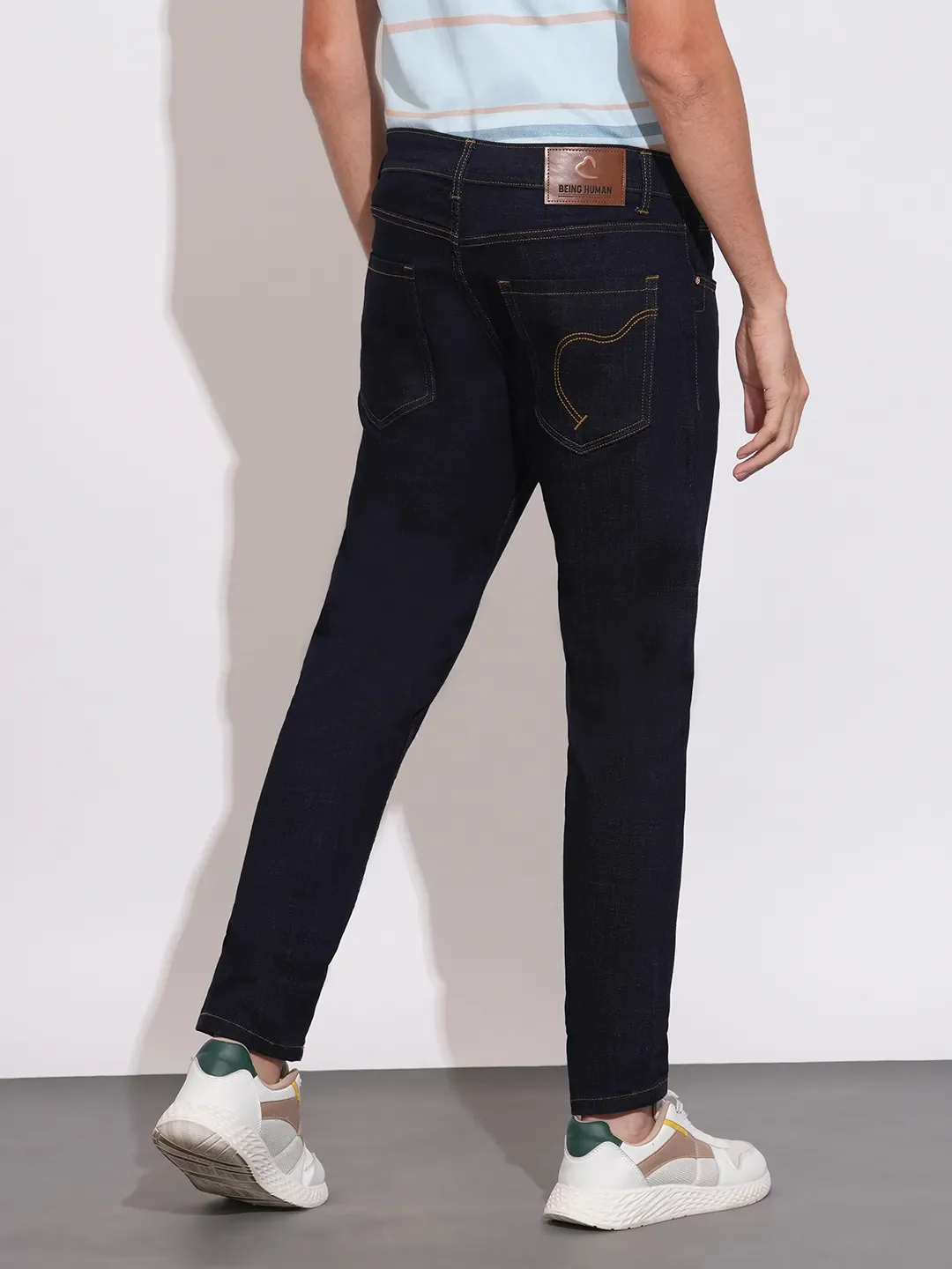 Blue Cropped Fit Cotton Blend Men's Denims by Being Human Clothing - Image 3
