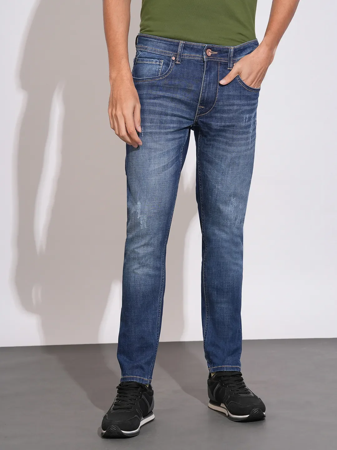 Blue Cropped Fit Cotton Blend Men's Denims by Being Human Clothing