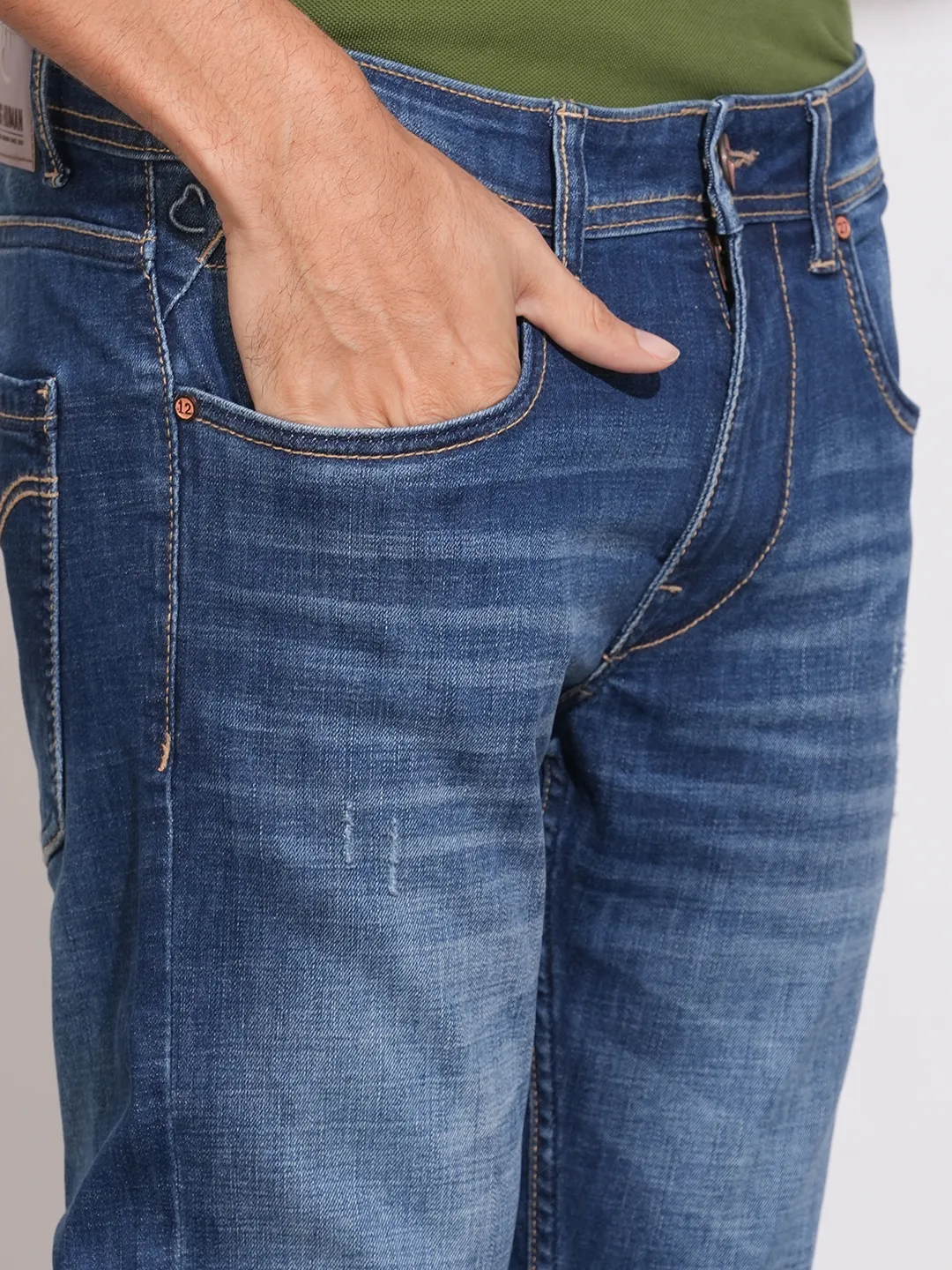 Blue Cropped Fit Cotton Blend Men's Denims by Being Human Clothing - Image 5