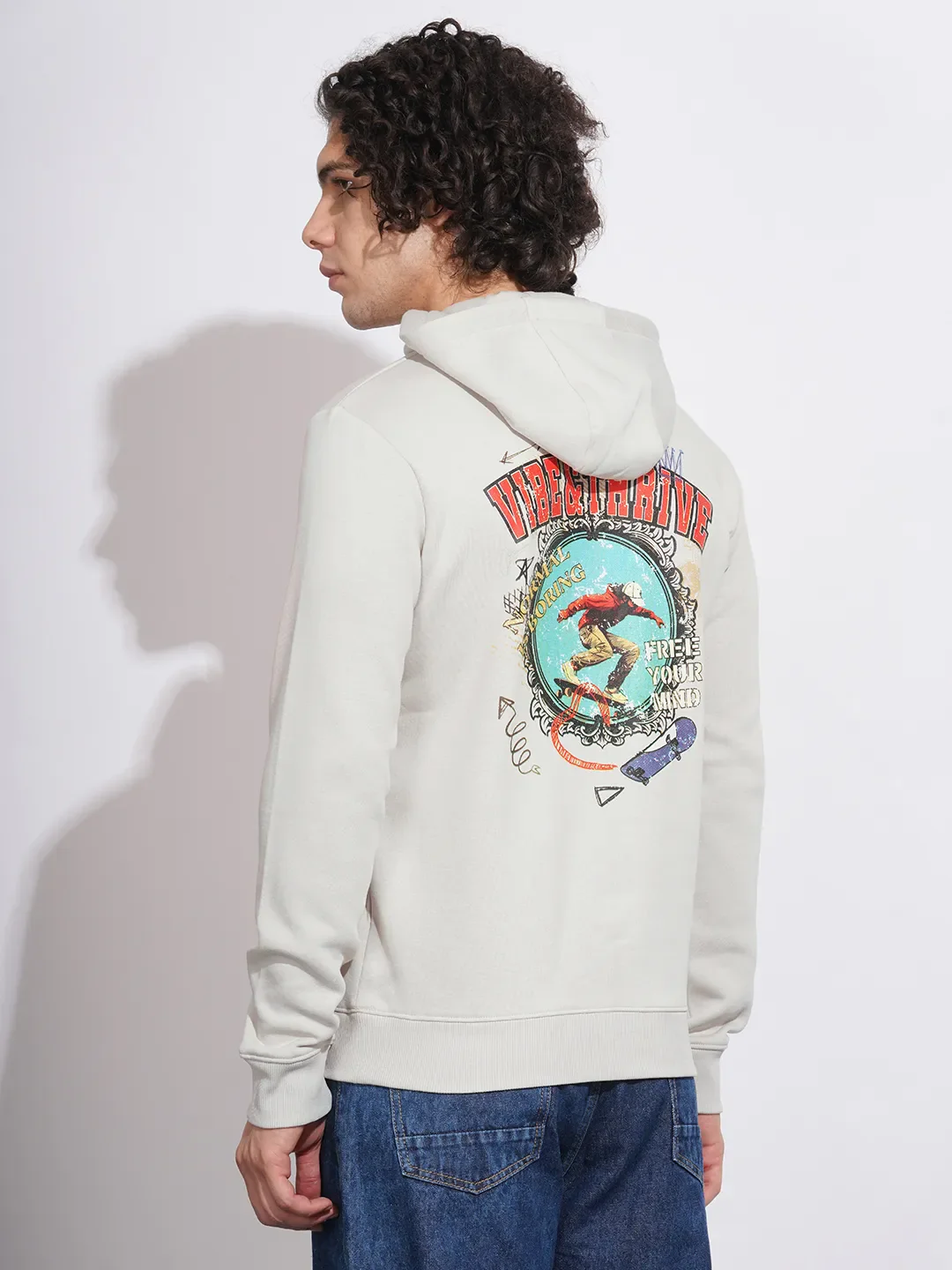 Beige Regular Fit  Long Sleeves Cotton Blend Men's Hoodie by Being Human Clothing - Image 3