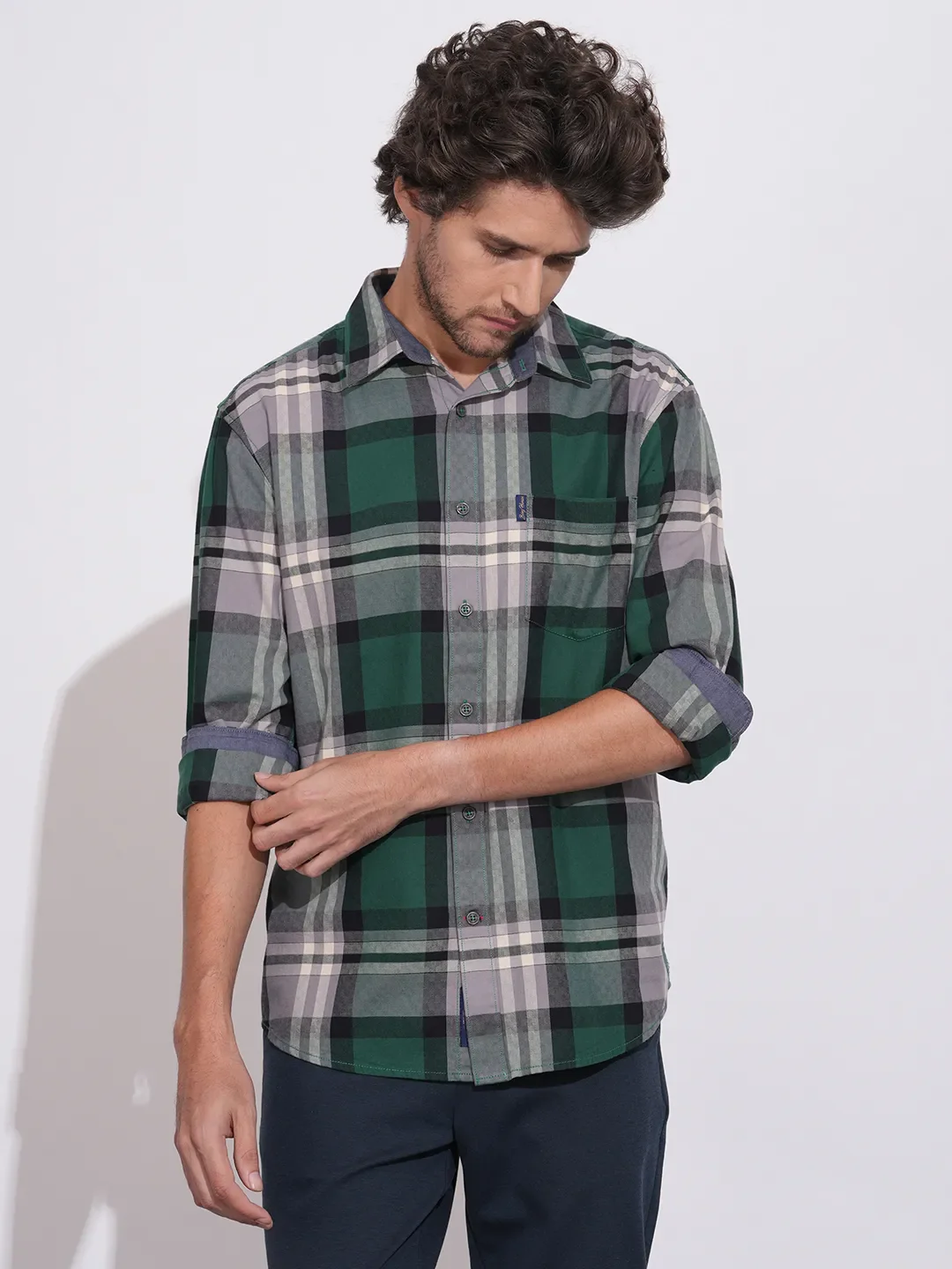 Green Regular Fit Regular Collar Men's Shirt by Being Human Clothing