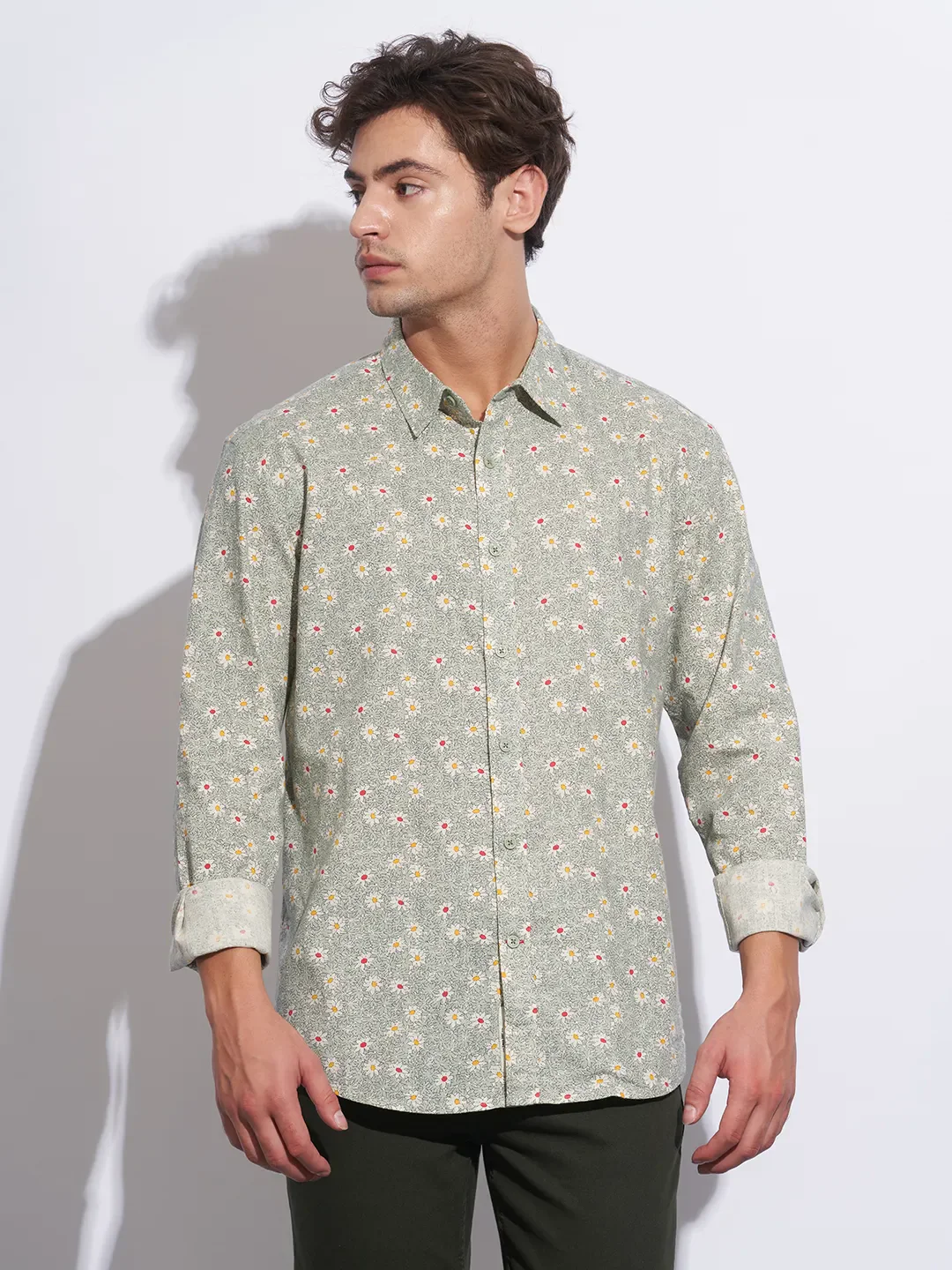 Green Moderno Fit Regular Collar Long Sleeves Cotton Men's Shirt by Being Human Clothing