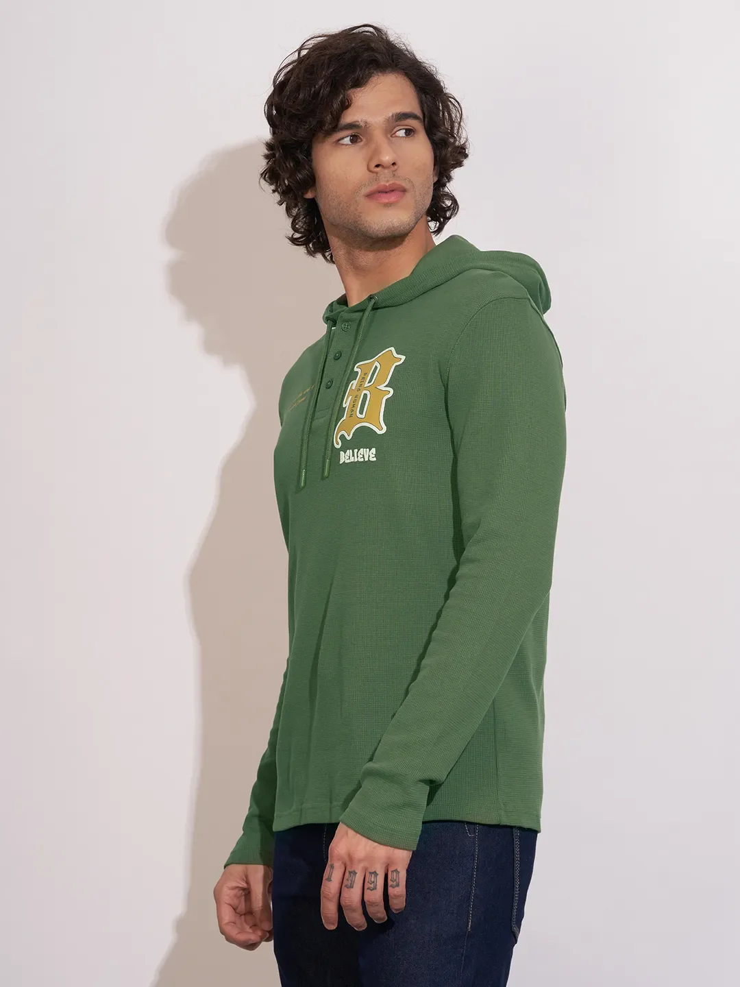Green Regular Fit  Long Sleeves Cotton Men's Hoodie by Being Human Clothing - Image 2