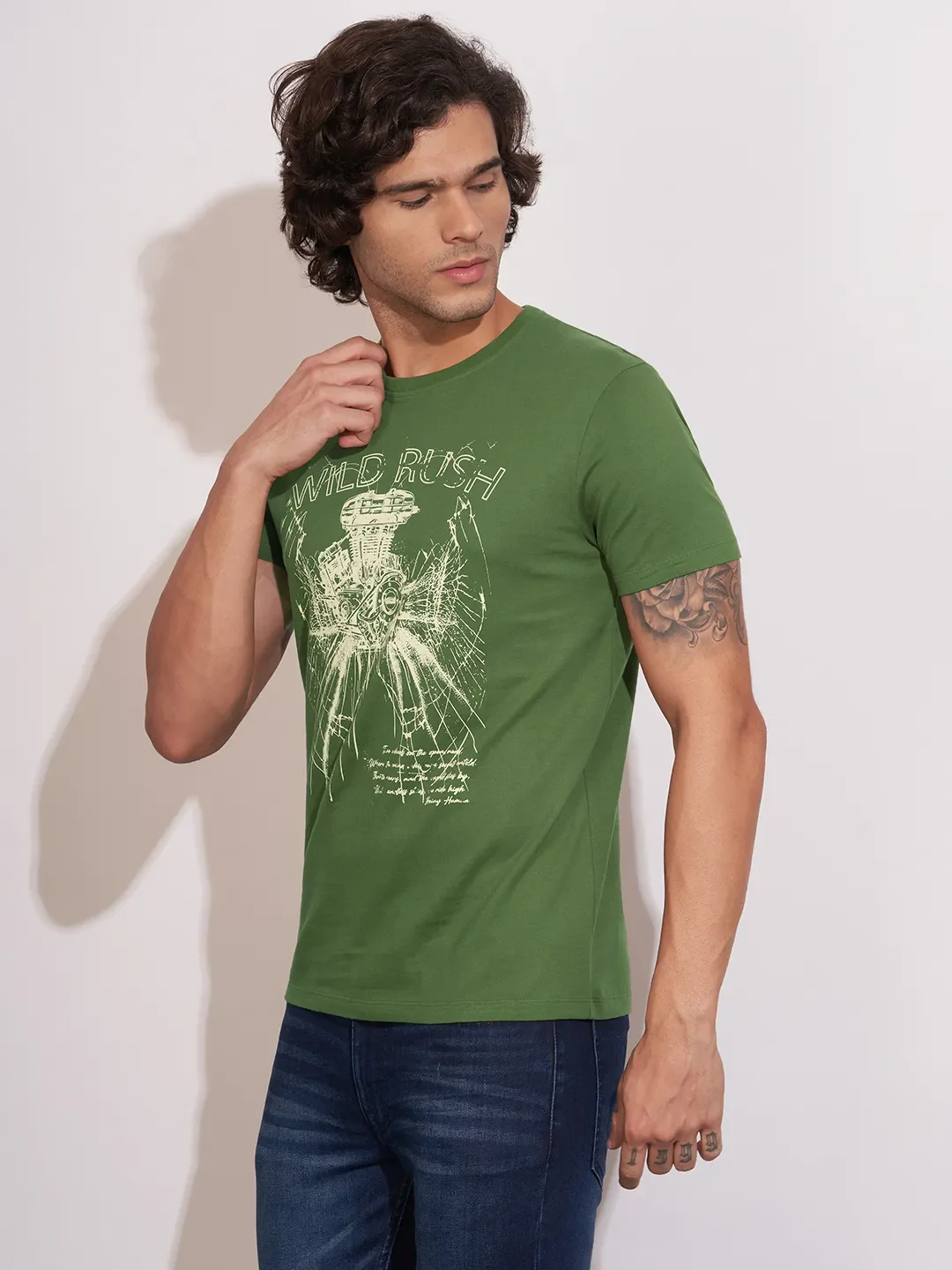 Green Regular Fit Round Neck Men's T-Shirt by Being Human Clothing - Image 2