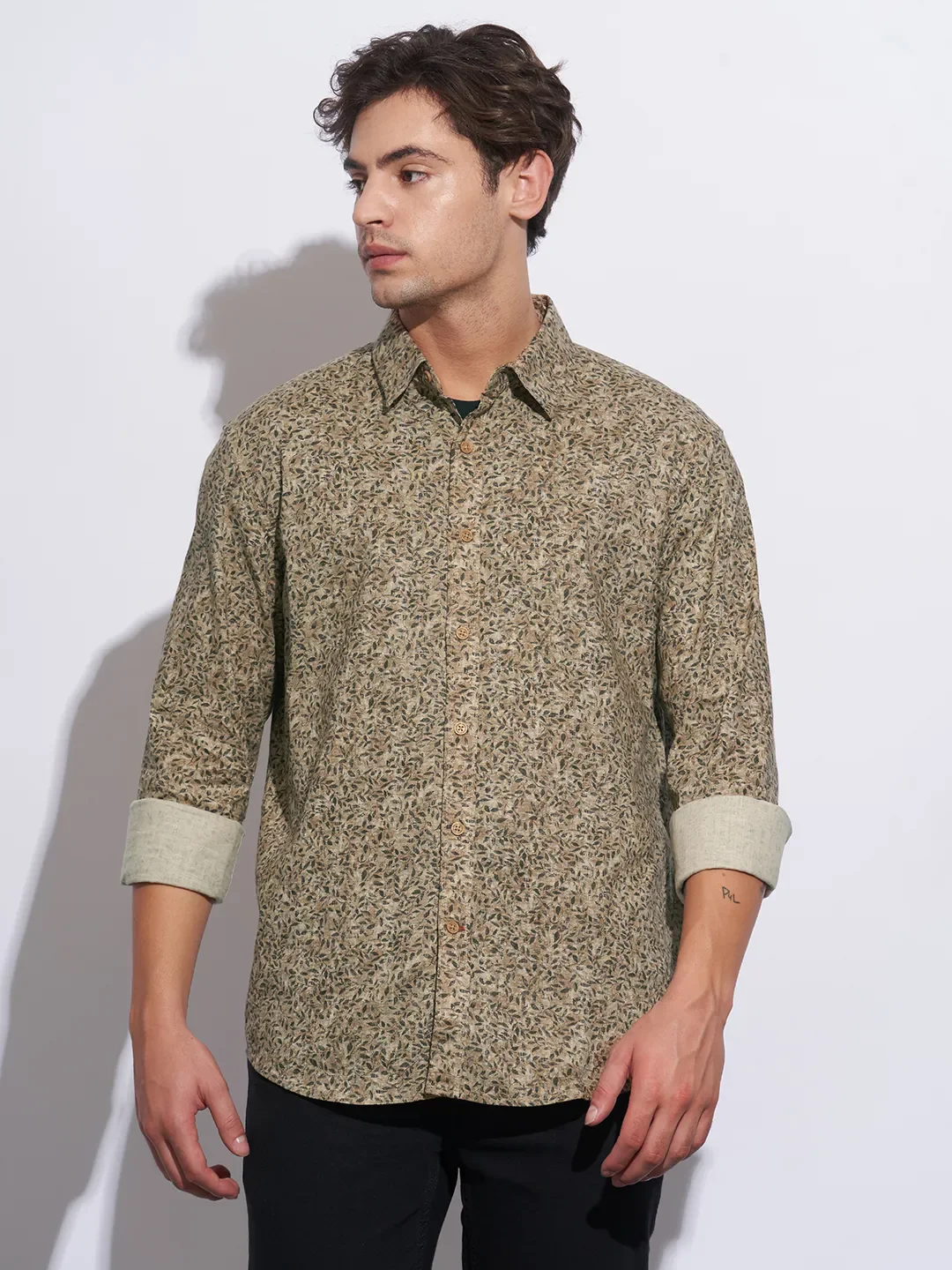 Khaki Moderno Fit Regular Collar Long Sleeves Cotton Men's Shirt by Being Human Clothing