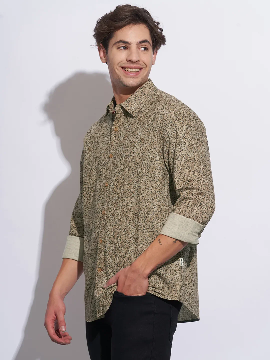 Khaki Moderno Fit Regular Collar Long Sleeves Cotton Men's Shirt by Being Human Clothing - Image 2