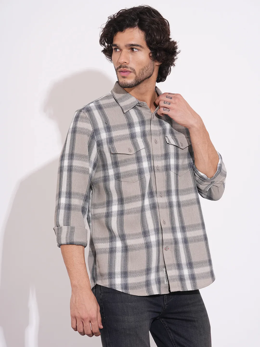 Beige Moderno Fit Regular Collar Long Sleeves Cotton Men's Shirt by Being Human Clothing - Image 2