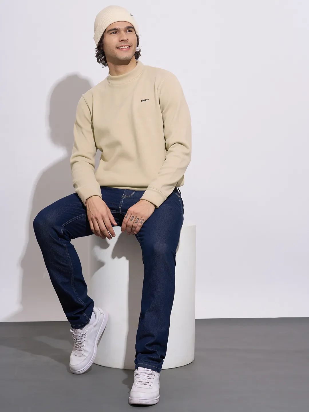 Beige Regular Fit Round Neck Long Sleeves Men's Sweatshirt by Being Human Clothing - Image 4