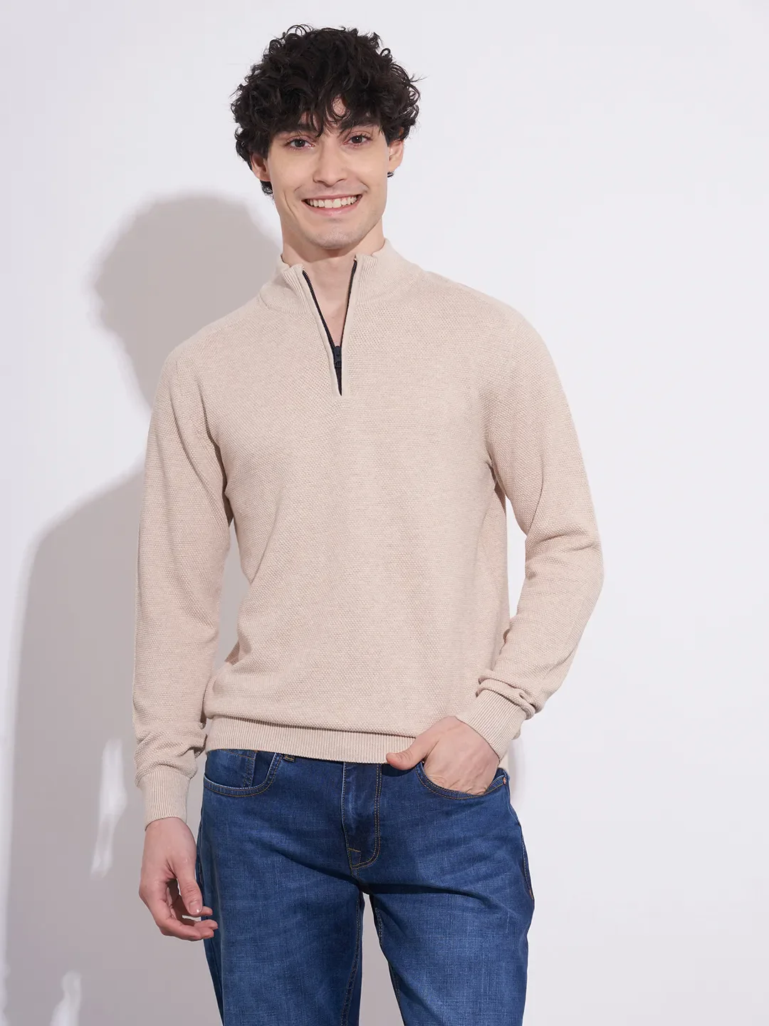 Beige Regular Fit Round Neck Men's Sweatshirt by Being Human Clothing