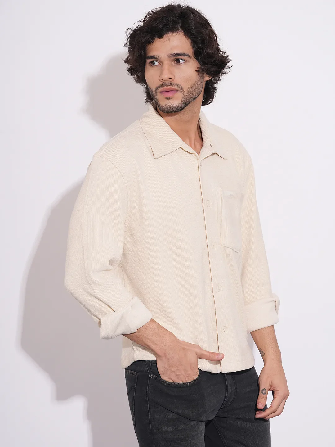 Beige Moderno Fit Regular Collar Long Sleeves Men's Shacket by Being Human Clothing - Image 2