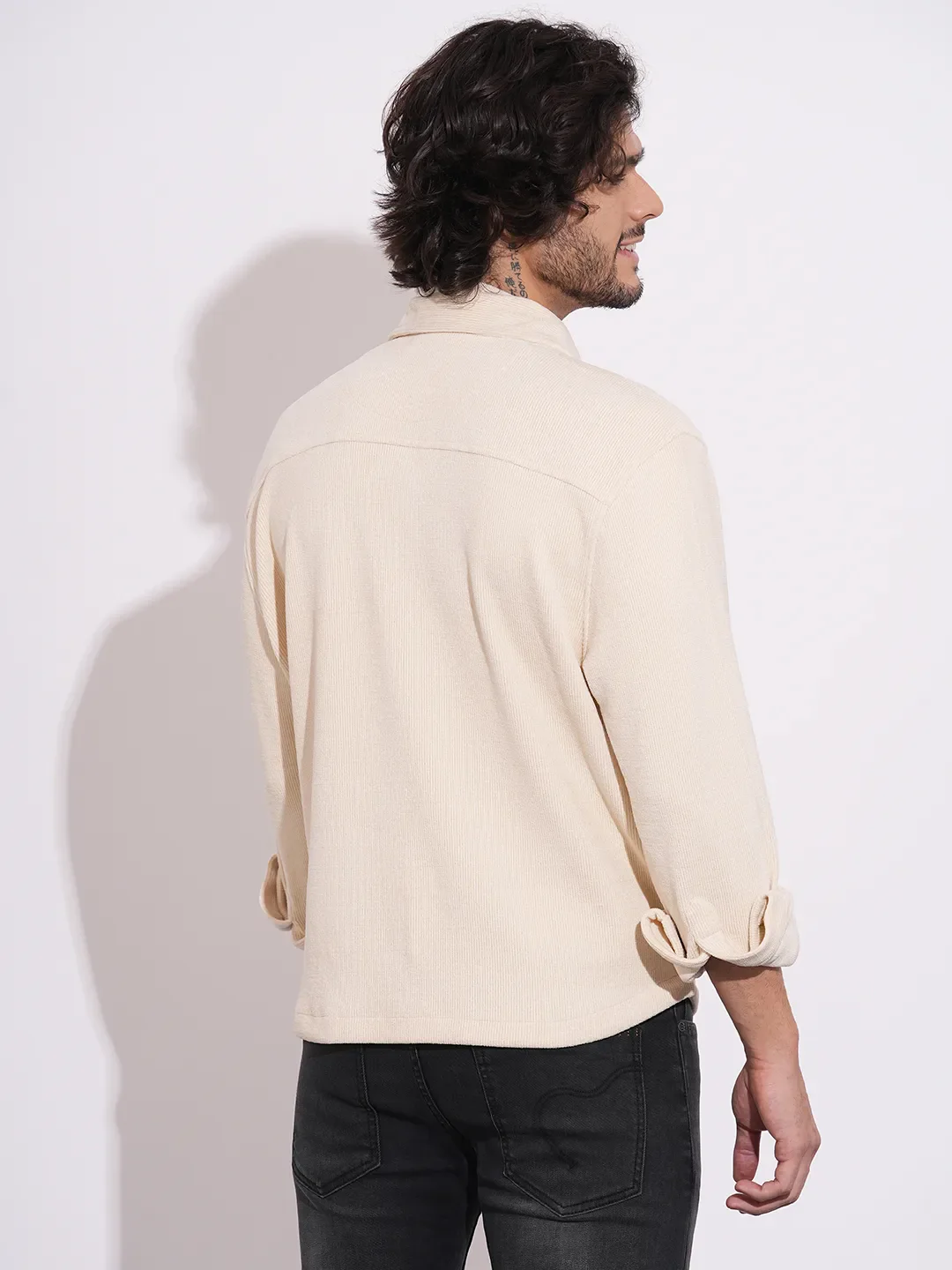 Beige Moderno Fit Regular Collar Long Sleeves Men's Shacket by Being Human Clothing - Image 3