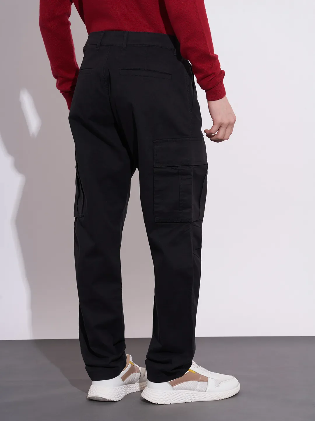 Black Slim Fit Cotton Blend Men's Cargos by Being Human Clothing - Image 3