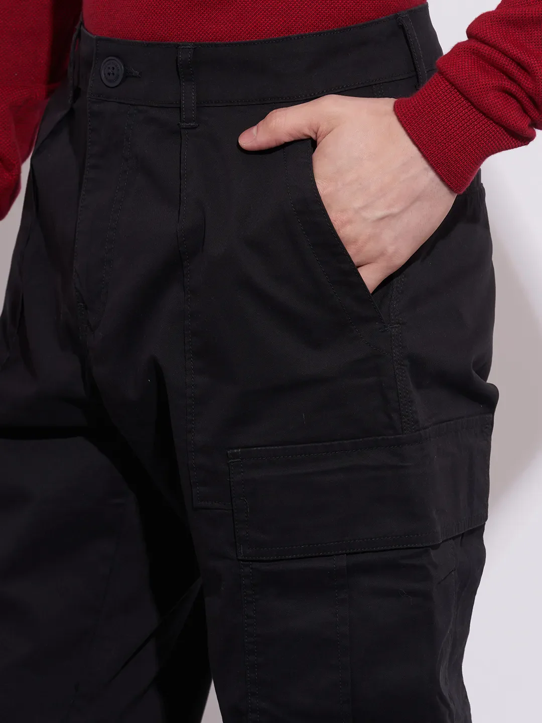 Black Slim Fit Cotton Blend Men's Cargos by Being Human Clothing - Image 5
