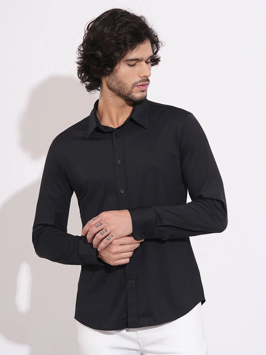 Black Regular Fit Regular Collar Men's Shirt by Being Human Clothing