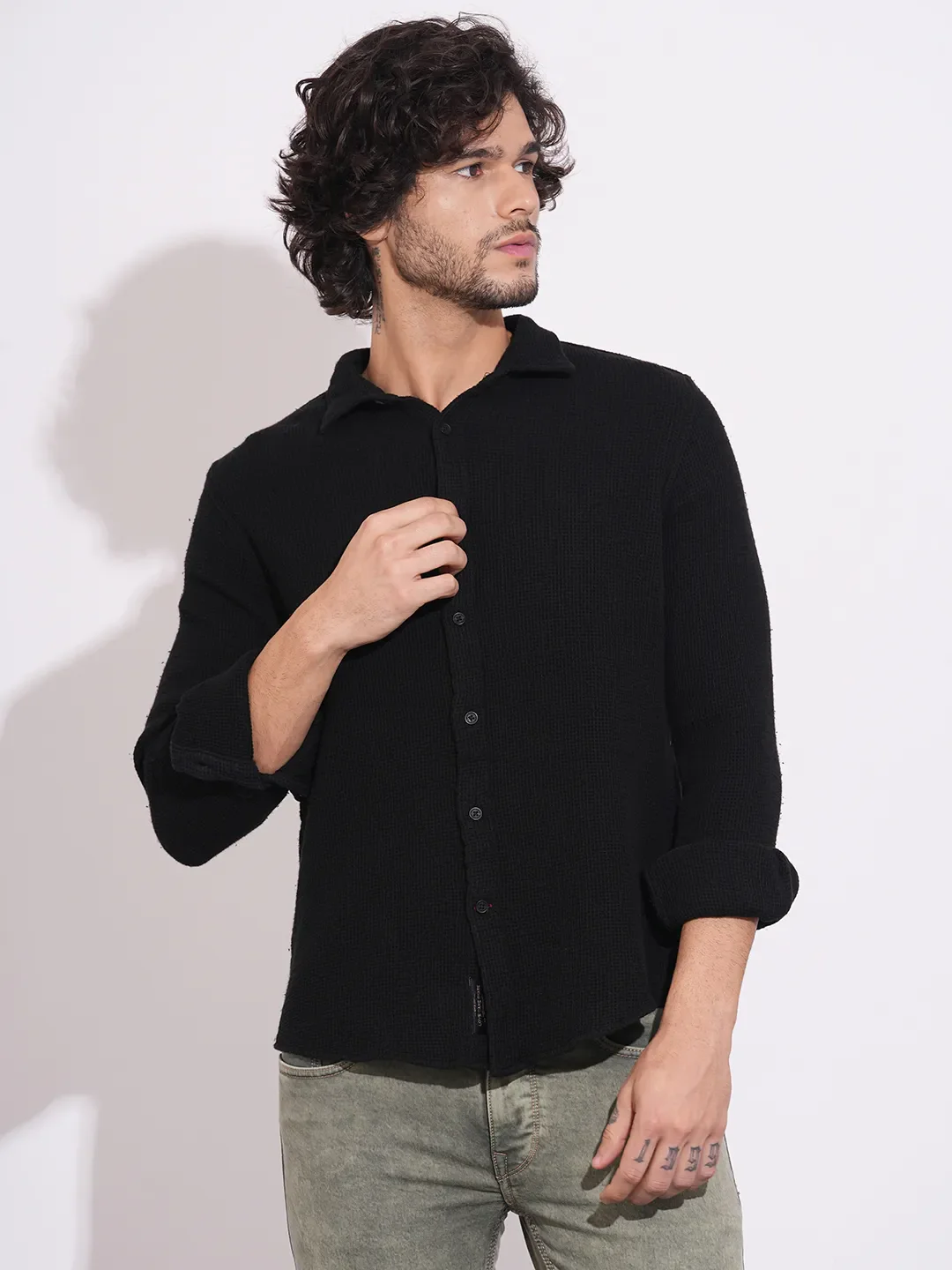 Black Moderno Fit Regular Collar Long Sleeves Cotton Men's Shirt by Being Human Clothing
