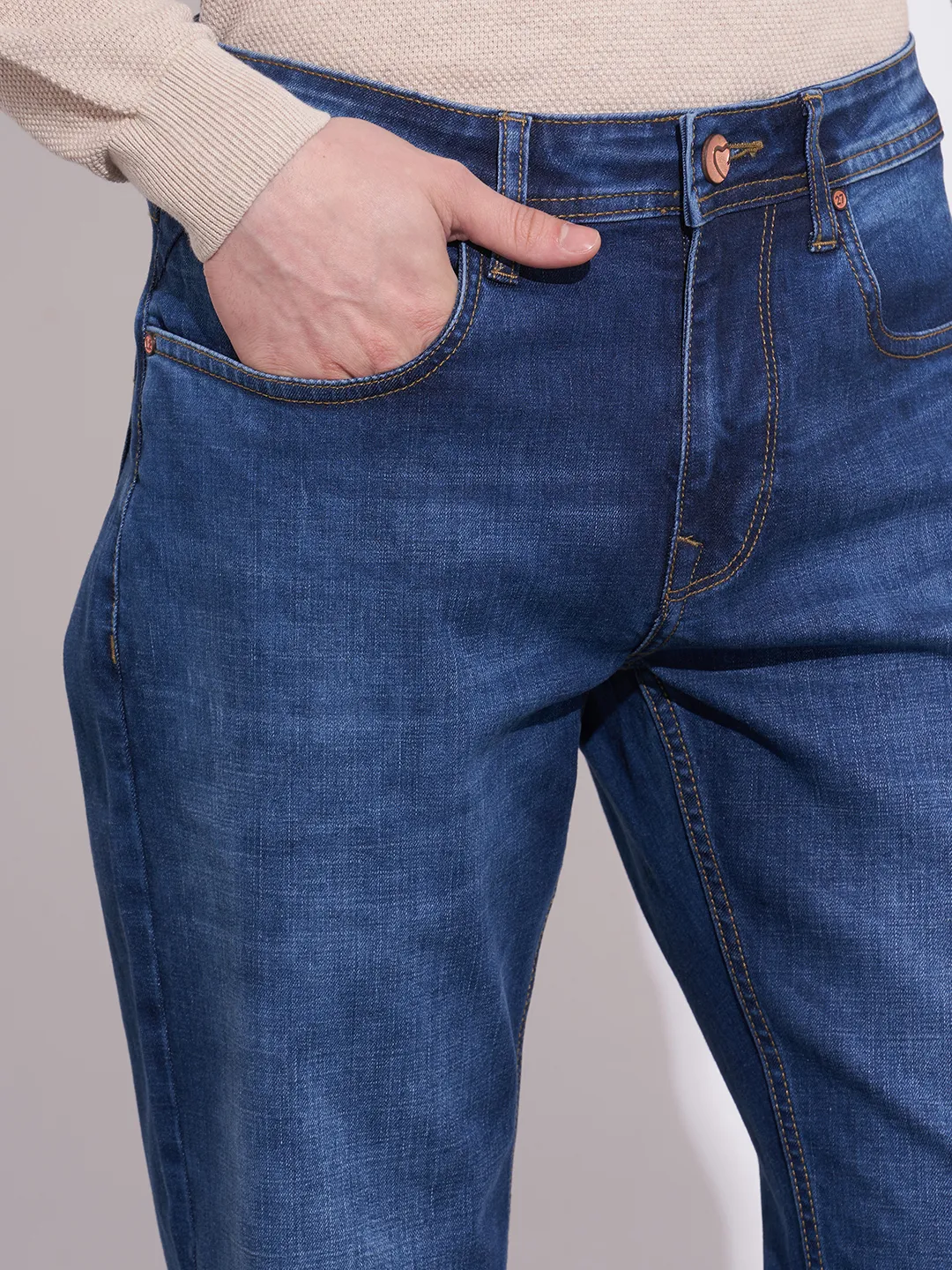 Blue Straight Fit Cotton Blend Men's Denims by Being Human Clothing - Image 5