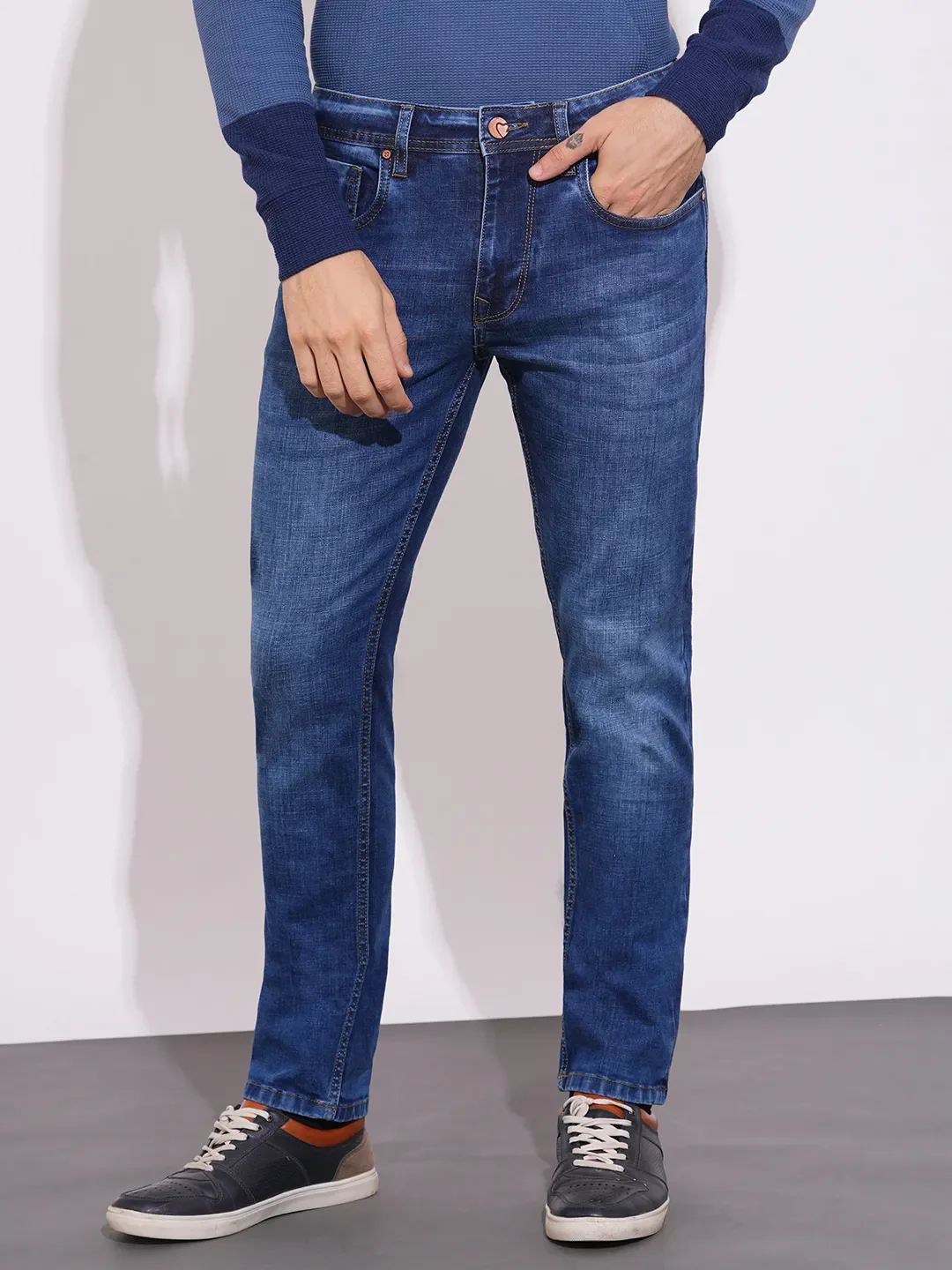 Blue Cropped Fit Denims For Men By Being Human Clothing