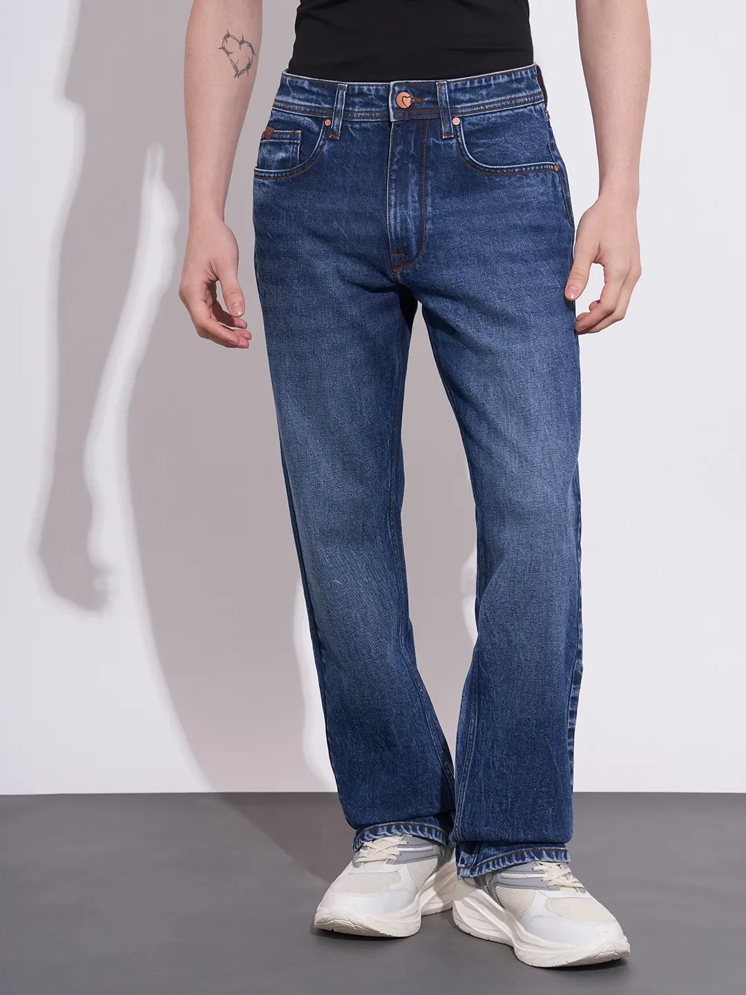 Blue Straight Fit Cotton Blend Men's Denims by Being Human Clothing