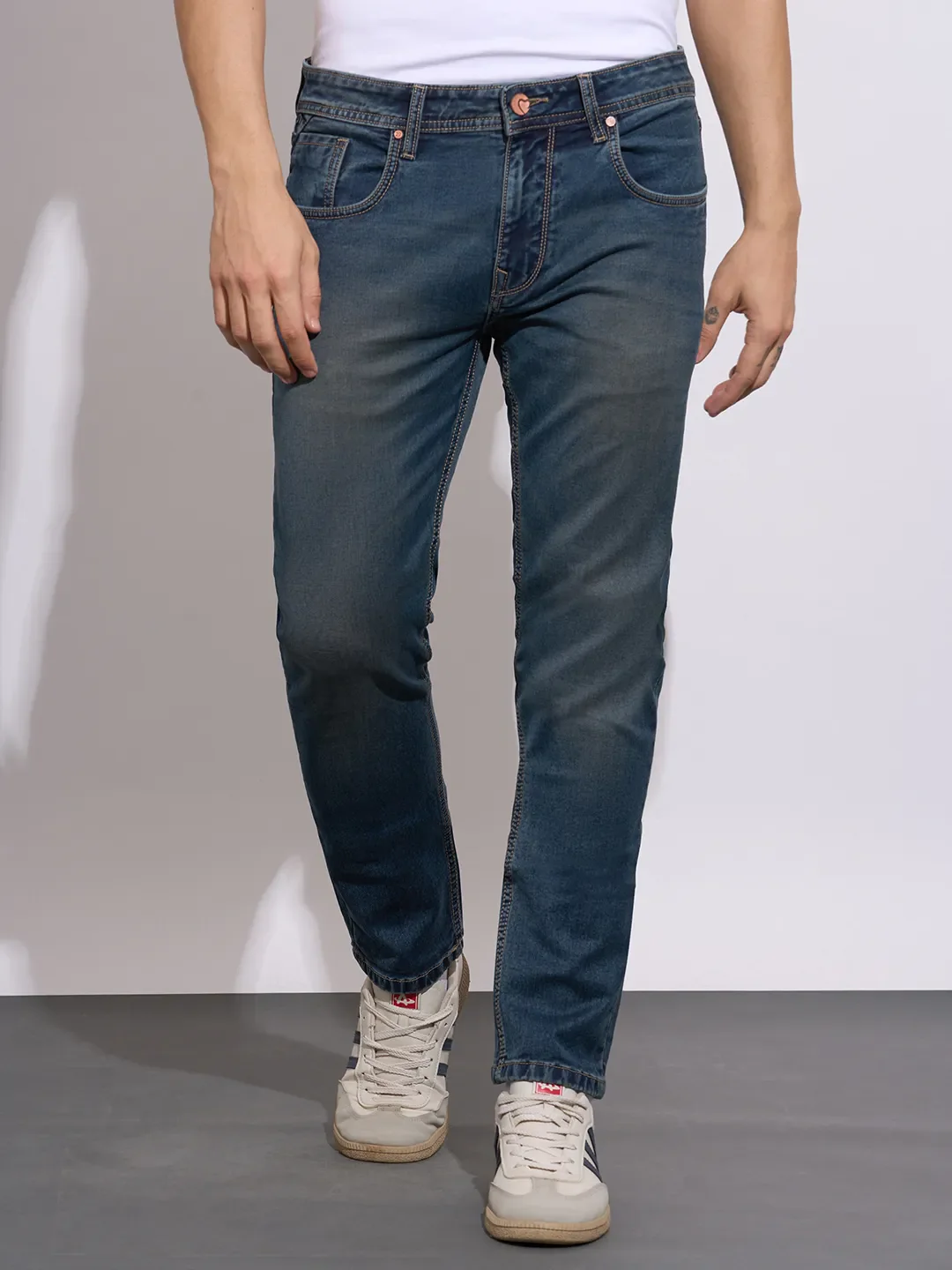 Blue Straight Fit Cotton Blend Men's Denims by Being Human Clothing