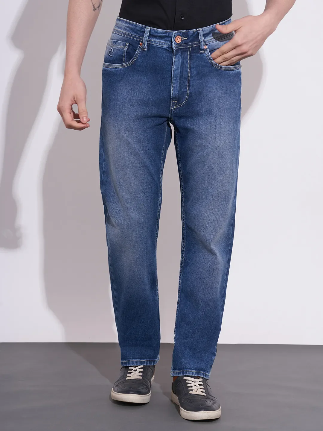 Blue Straight Fit Cotton Blend Men's Denims by Being Human Clothing