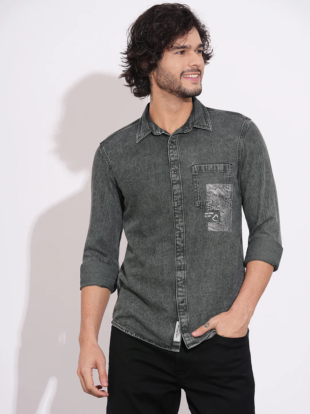 Black Regular Fit Regular Collar Men's Shirt by Being Human Clothing