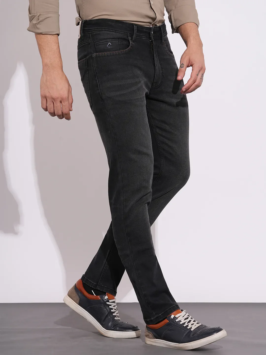 Grey Straight Fit Cotton Blend Men's Denims by Being Human Clothing - Image 2