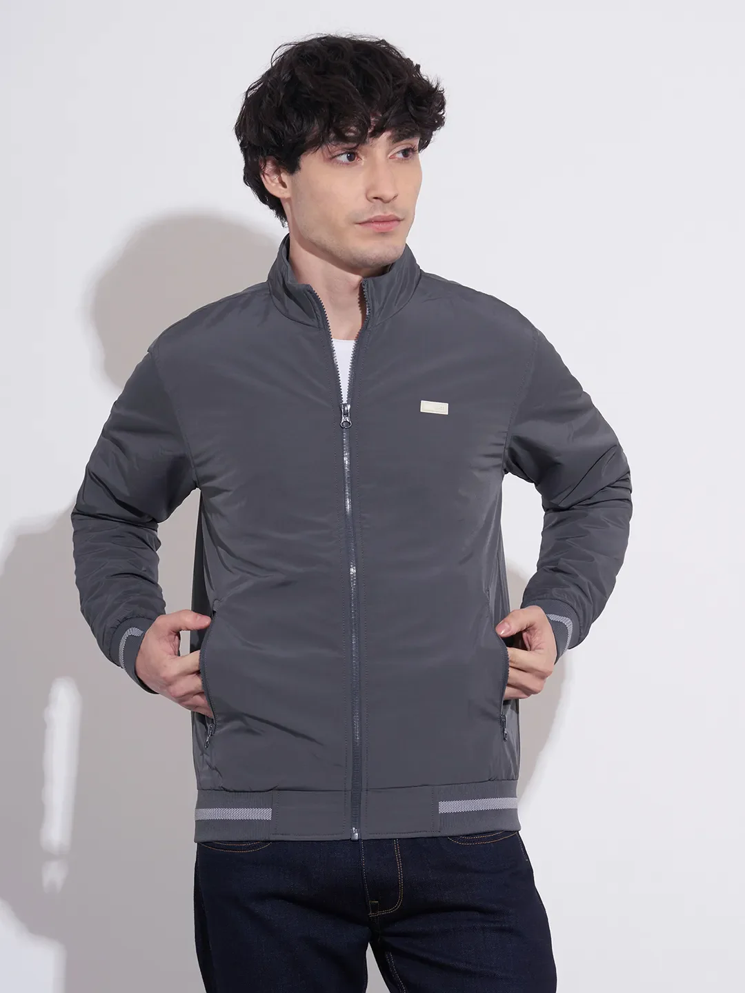 Grey Regular Fit Long Sleeves Polyester Men's Jacket by Being Human Clothing