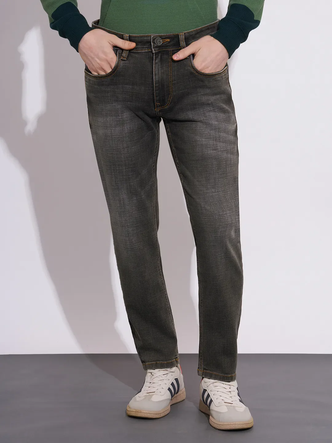Grey Skinny Fit Cotton Blend Men's Denims by Being Human Clothing