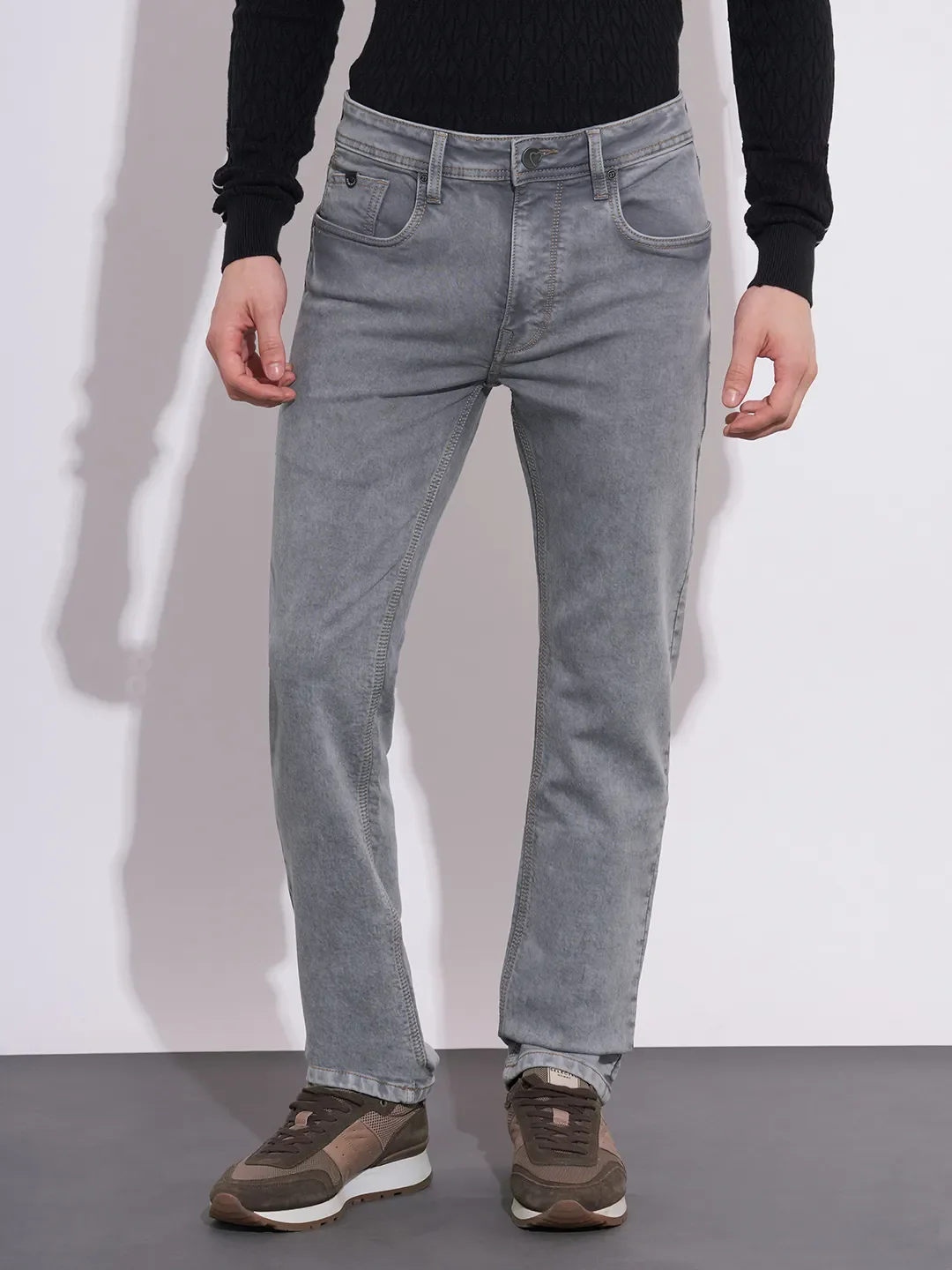 Grey Straight Fit Cotton Blend Men's Denims by Being Human Clothing
