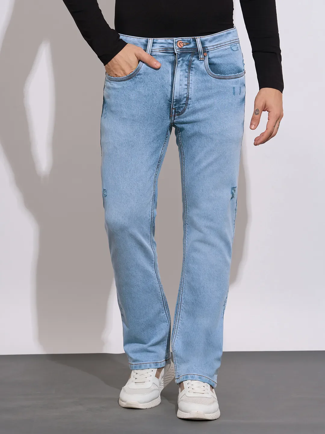 Light Blue Boot Cut Fit Denims For Men By Being Human Clothing