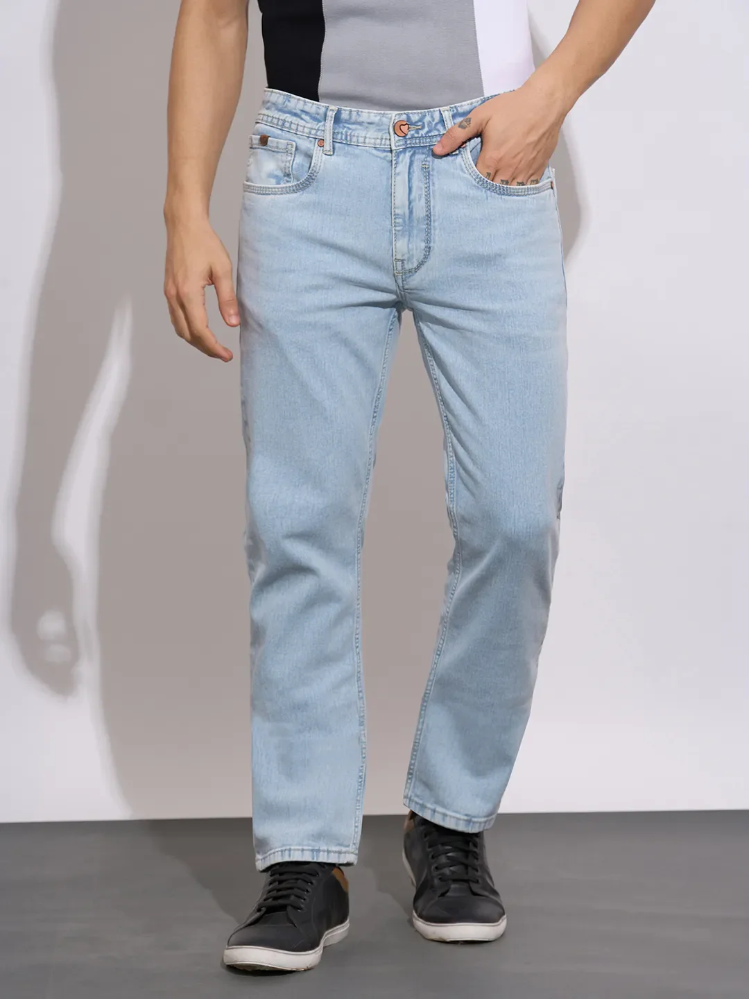 Ice Blue Straight Fit Denims For Men By Being Human Clothing