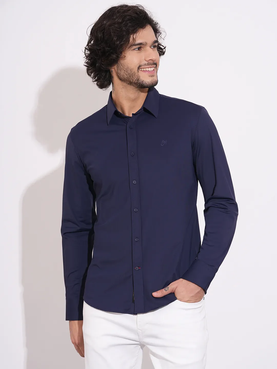 Blue Moderno Fit Regular Collar Long Sleeves Nylon Men's Shirt by Being Human Clothing