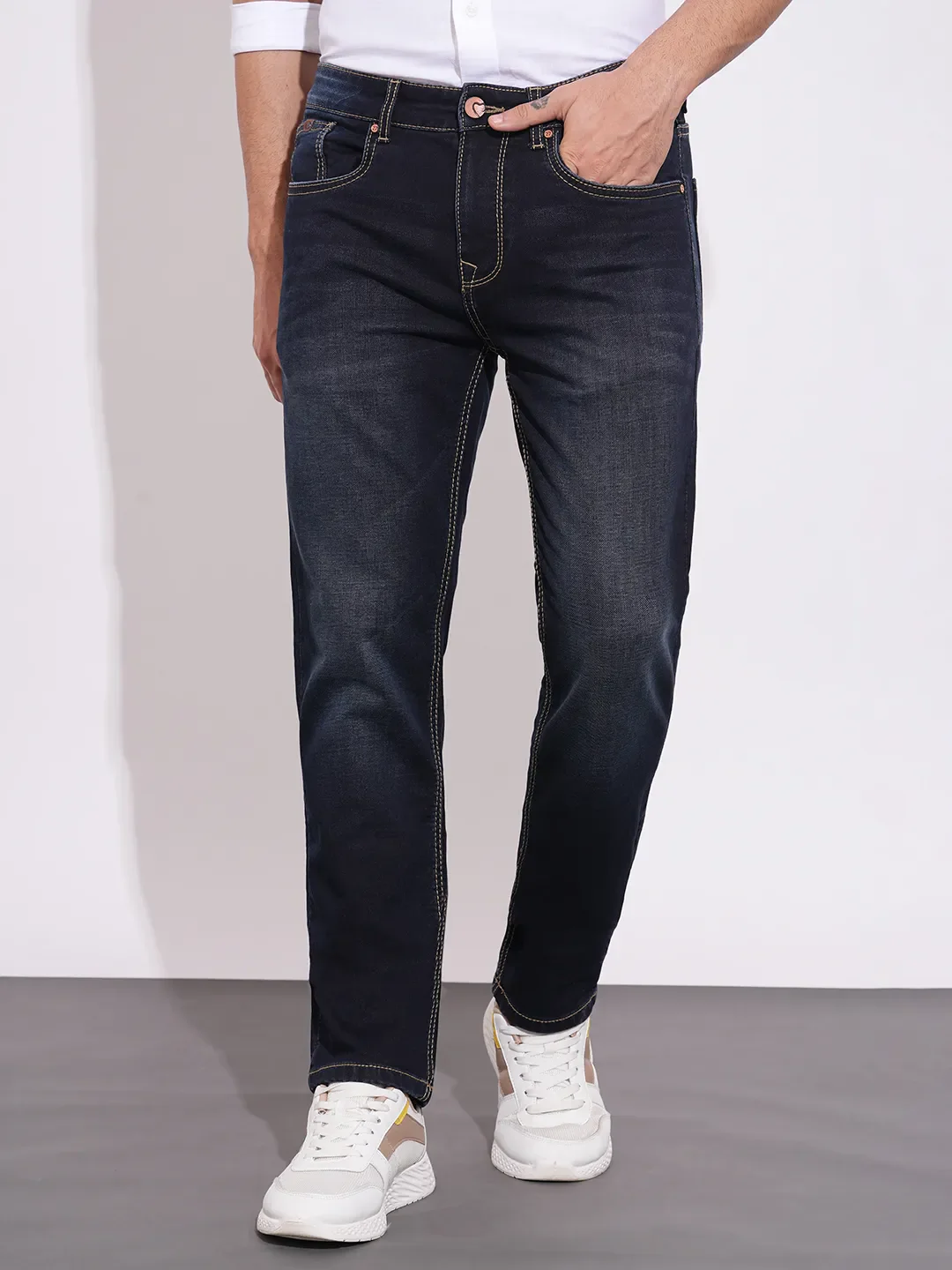 Dark Blue Straight Fit Denims For Men By Being Human Clothing