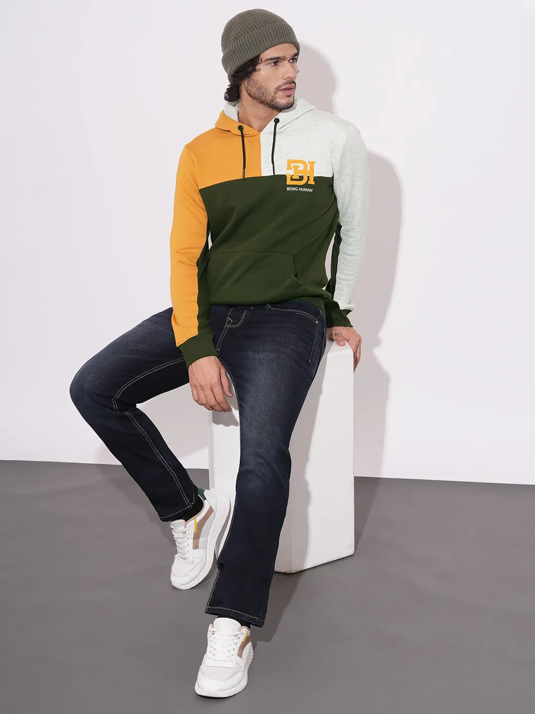 Olive Regular Fit  Long Sleeves Cotton Blend Men's Hoodie by Being Human Clothing - Image 4