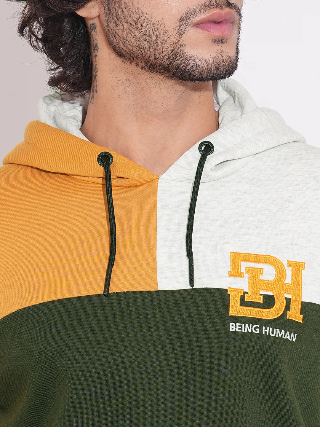 Olive Regular Fit  Long Sleeves Cotton Blend Men's Hoodie by Being Human Clothing - Image 5