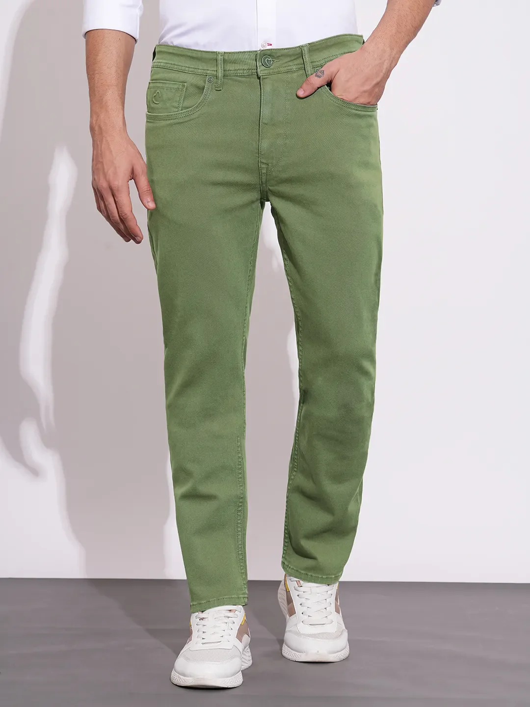Olive Straight Fit Cotton Blend Men's Denims by Being Human Clothing