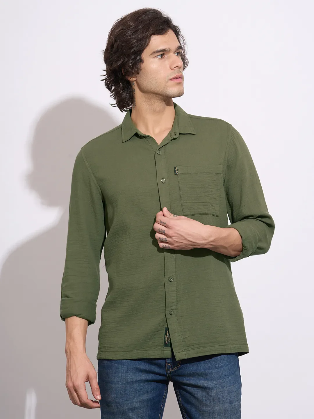Olive Regular Fit Regular Collar Men's Shirt by Being Human Clothing