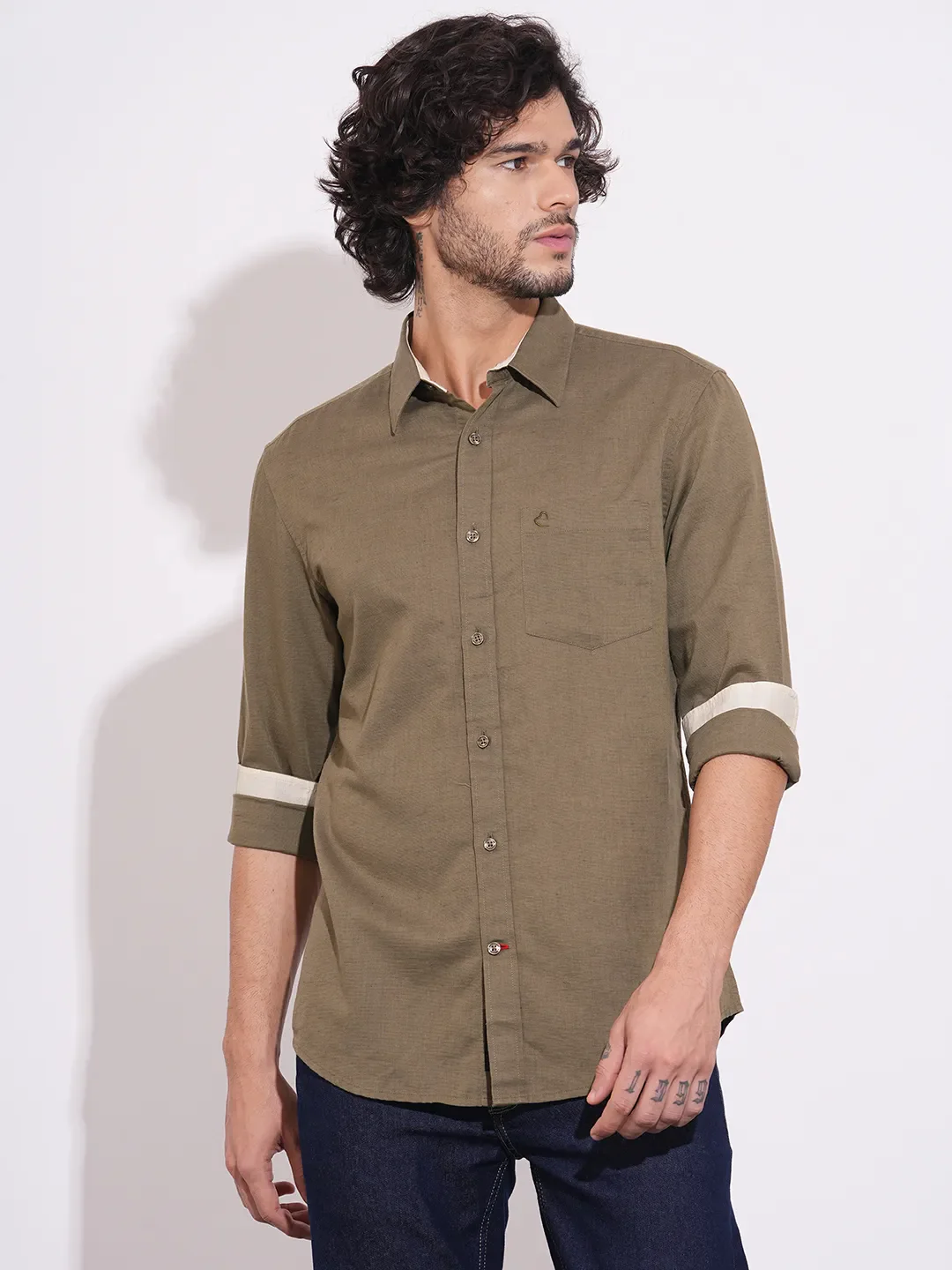 Olive Regular Fit Regular Collar Men's Shirt by Being Human Clothing