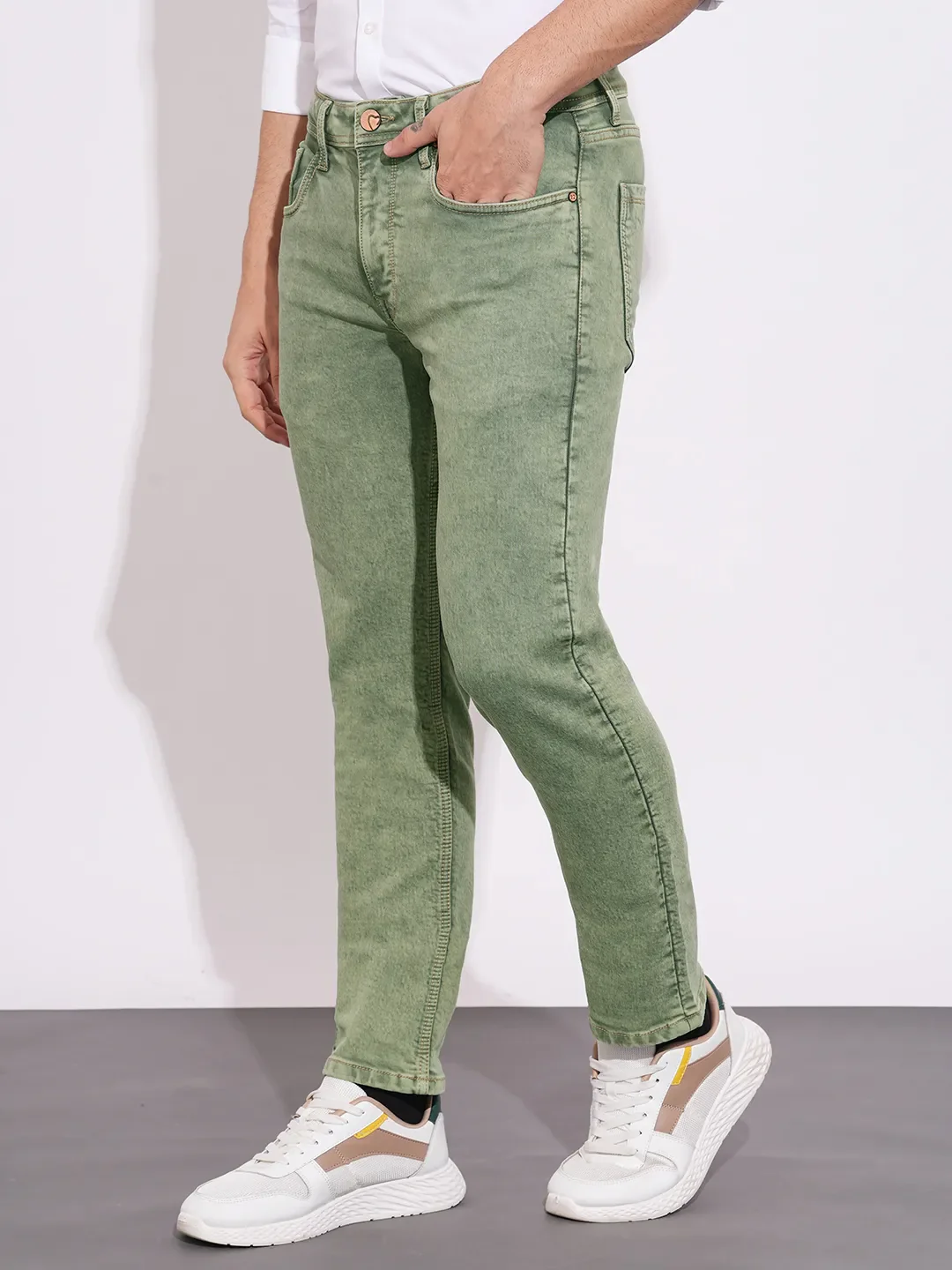 Olive Straight Fit Cotton Blend Men's Denims by Being Human Clothing - Image 2