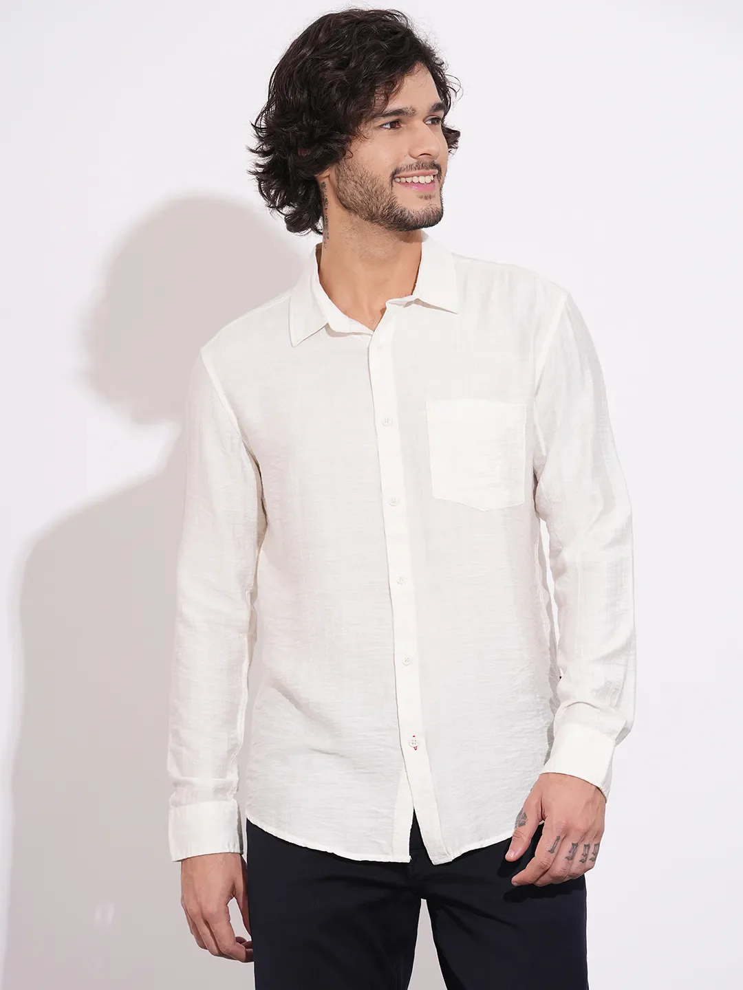 White Moderno Fit Regular Collar Long Sleeves Cotton Blend Men's Shirt by Being Human Clothing
