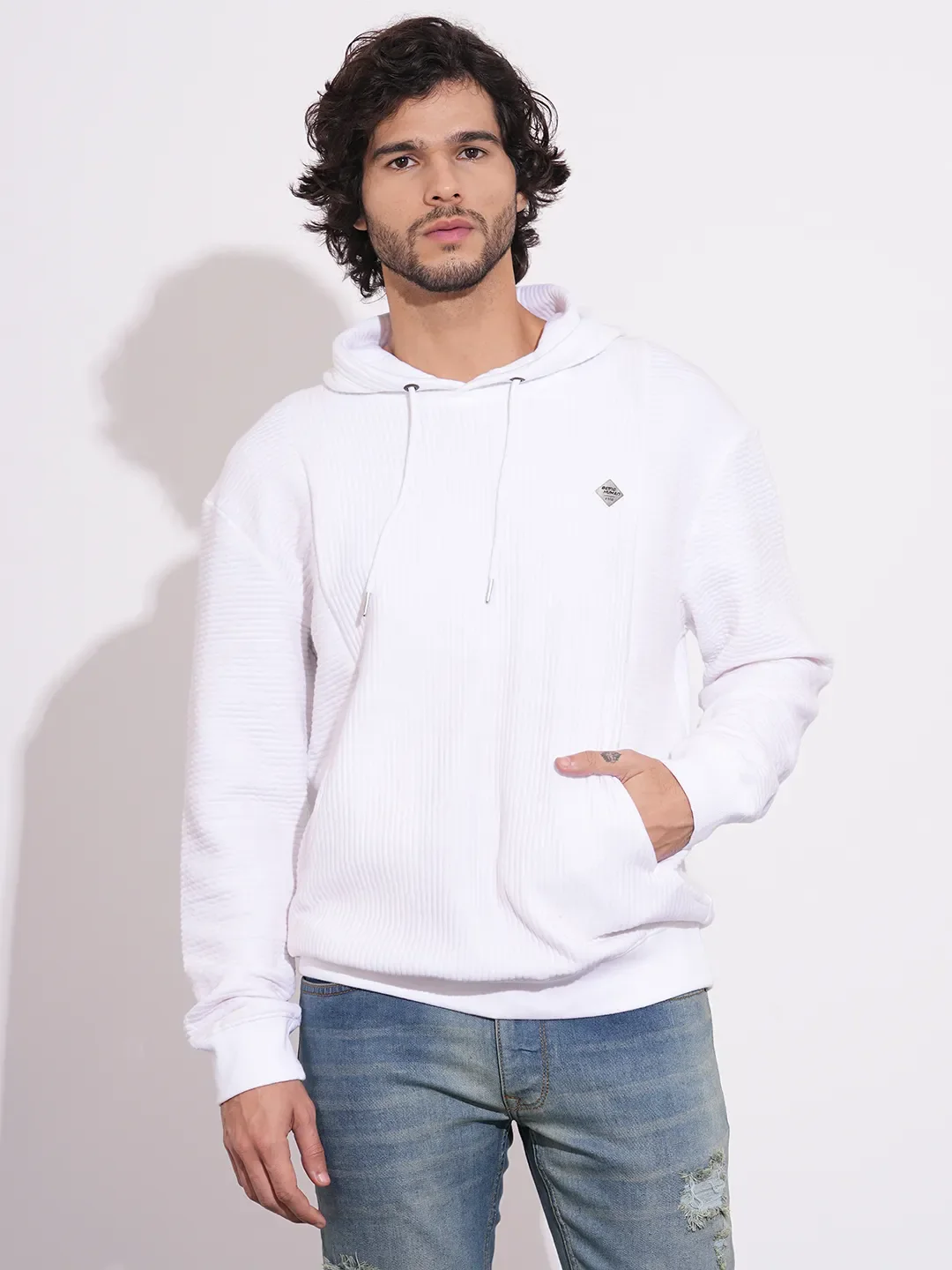 White Easy Fit Long Sleeves Cotton Men's Hoodie by Being Human Clothing